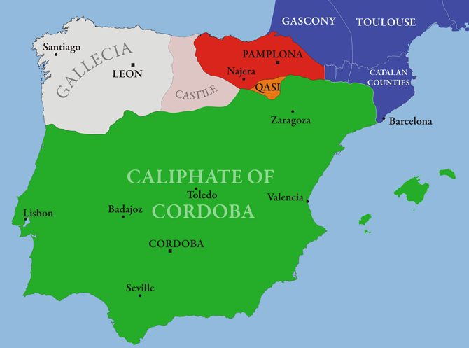 Map of al-Andalus and neighboring Iberian polities around the year 1000.