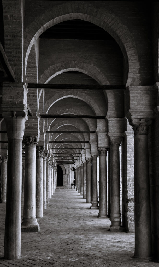 Rows of arcades inside the Great Mosque of Kairouan.