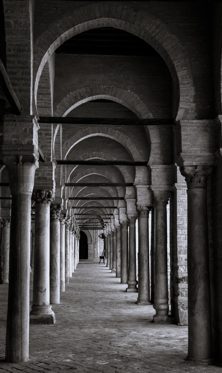 Rows of arcades inside the Great Mosque of Kairouan.
