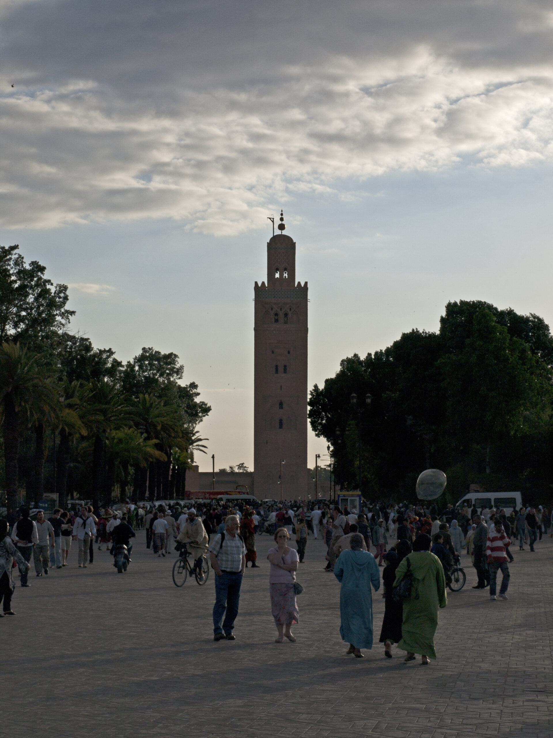 Koutoubia minaret seen from Jemaa el-Fnaa in Marrakesh.