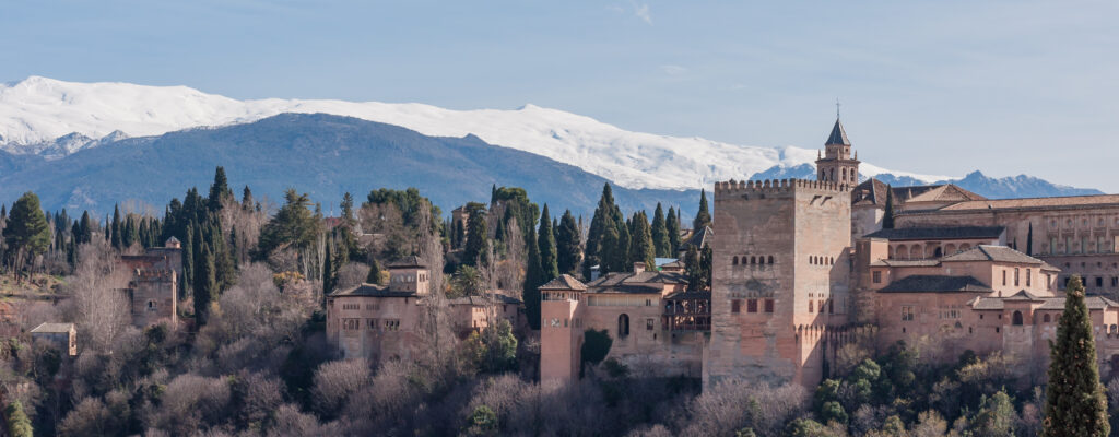 The Alhambra and Sierra Nevada seen from the Albaicin in Granada.