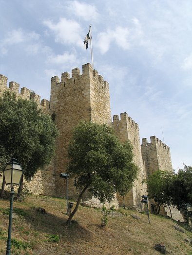 Stone walls and towers of Castelo de Sao Jorge in Lisbon.