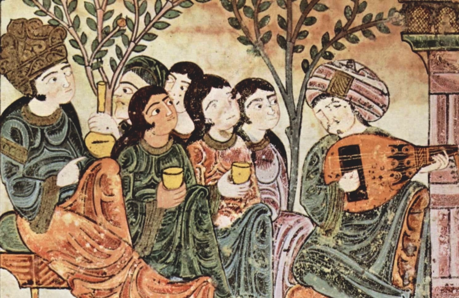 Manuscript illustration of lute performance in a garden scene from the story of Bayad and Riyad.